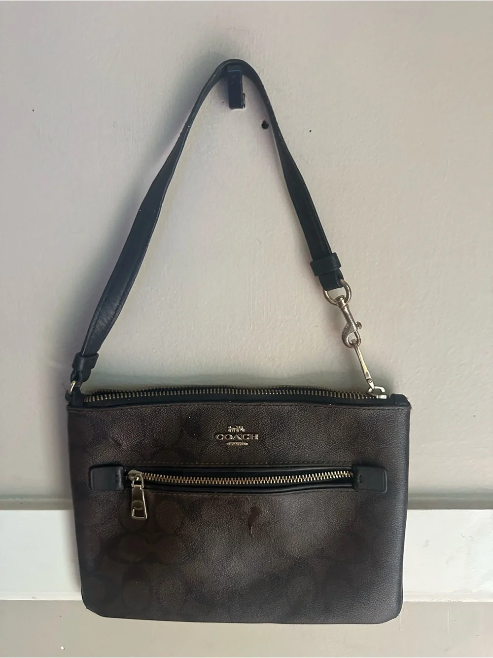 Coach Dark Brown Signature Shoulder Pouch with Black Strap